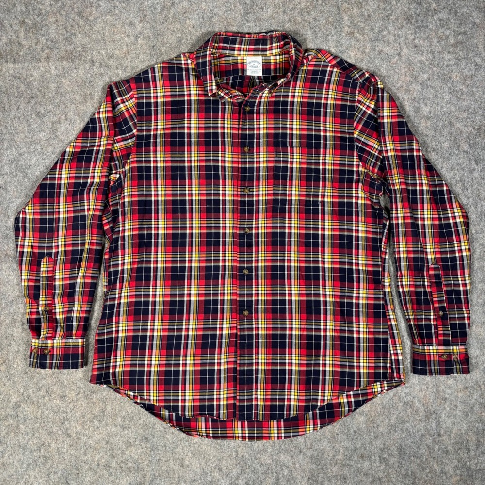 Brooks Brothers Button Down Shirt Mens XL Red Plaid Slim Fit Cotton Polo Shirt
